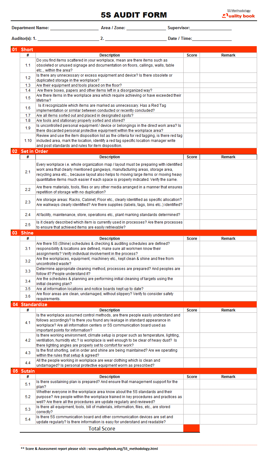 5S audit form, 5S audit checklist, 5S audit template, 5S audit format, 5S audit check sheet, 5S audit checklist for facotry, 5S daily checklist, 5S audit checklist for manufacturing