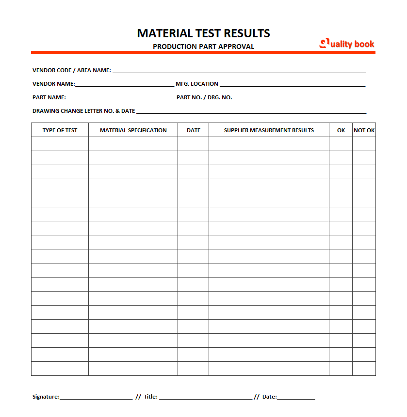 material test results PPAP, material test results report, aiag material test results, Material Test report, Material test report format, template, examples, samples